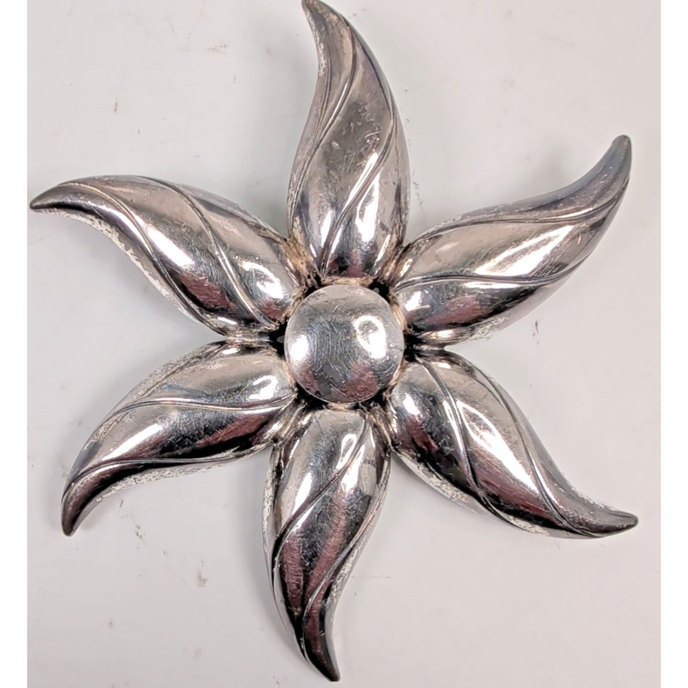 Vintage Mid-Century Heavy Sterling Silver Floral Statement Brooch